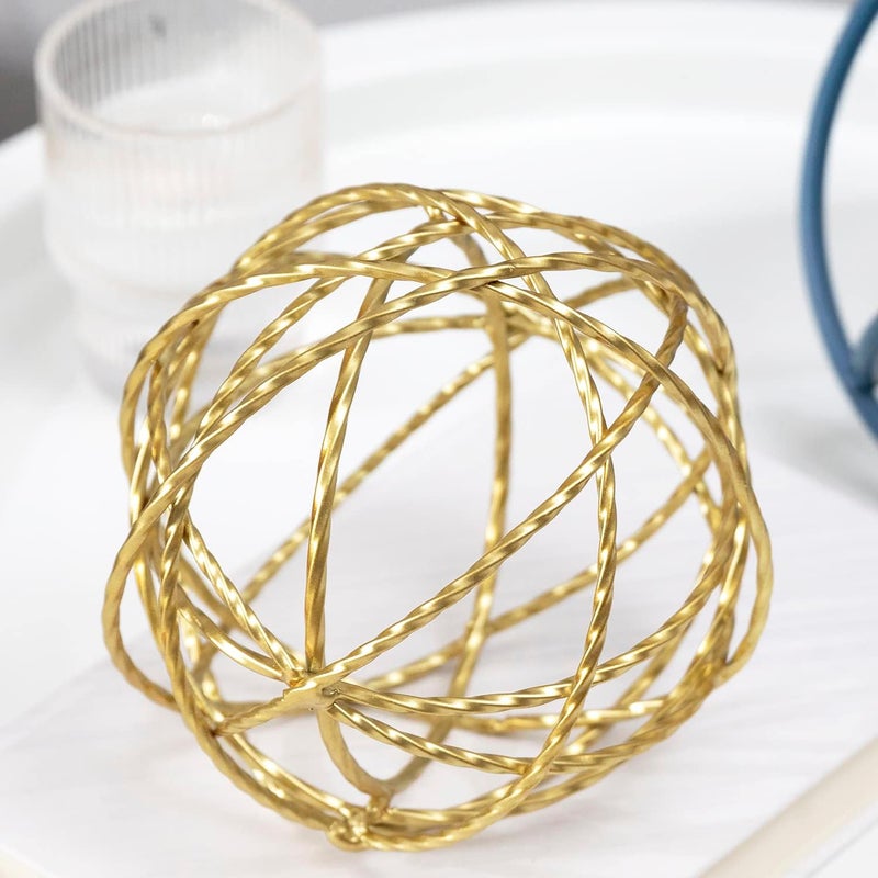 TICKCACY Metal Decorative Ball Gold Metal Geometric Sphere Iron Ball Table Decor Tabletop Orbs Decorations for Home Living Room Bedroom Bookshelf Coffee Tables, 5.25 Inches - Image 1